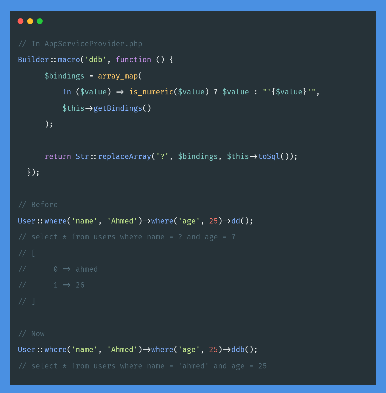 dump sql without question (?) mark laravel